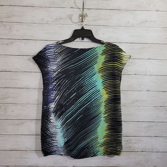 LOFT Tropical Peacock Palm Leaves Abstract Short Cap Sleeve Striped Top Blouse S - Picture 6 of 8